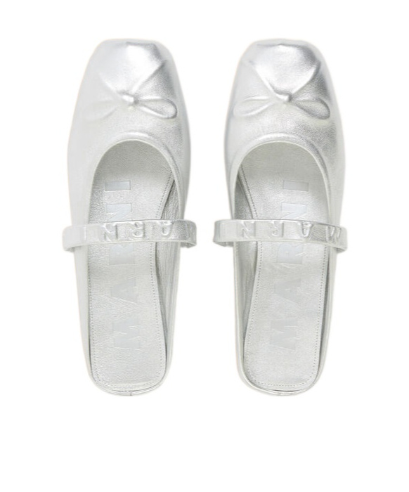 Marni Silver Leather Little Bow Sabot Slippers In Silver