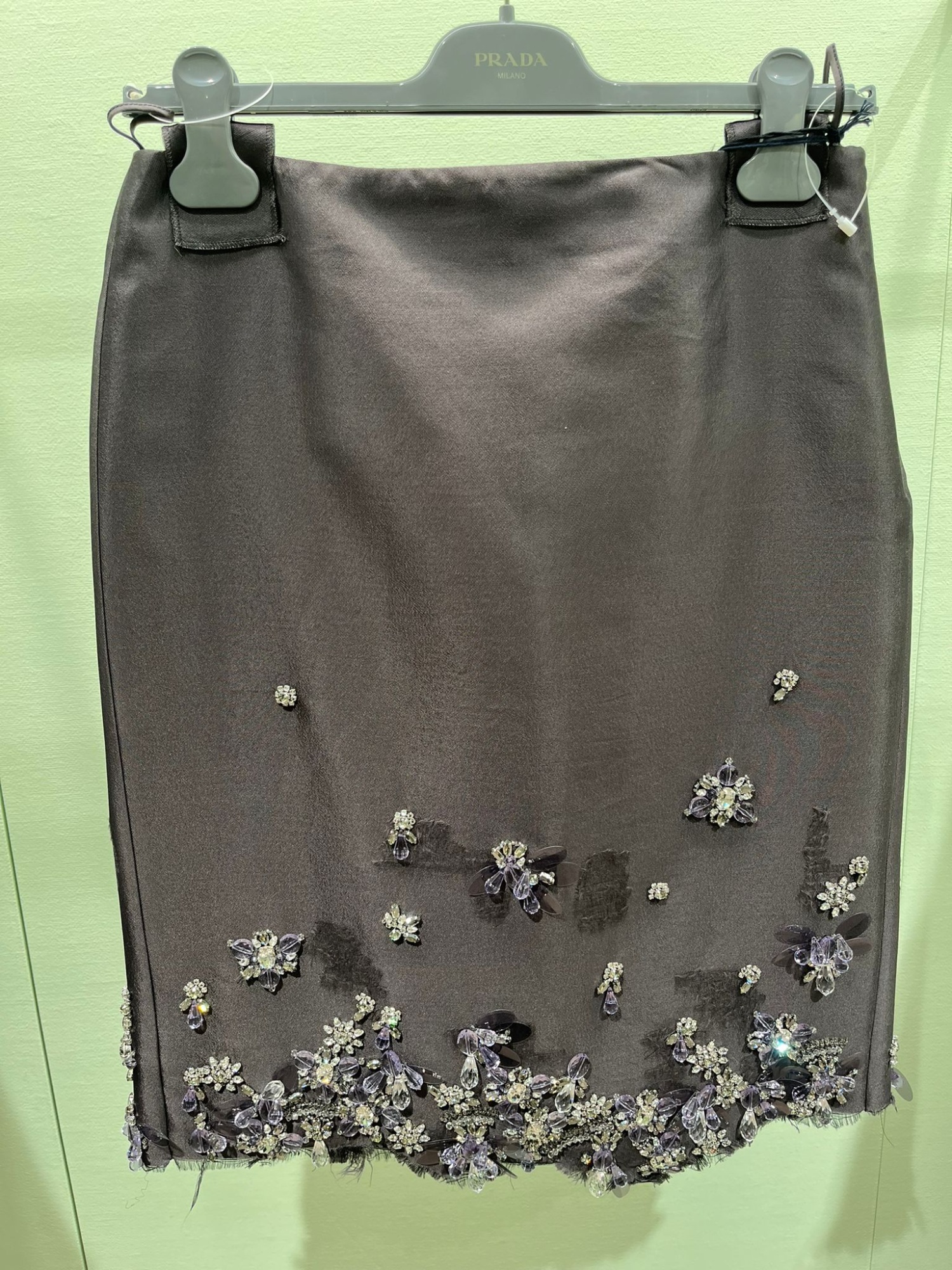 Prada Midi Skirt In Wool And Silk With Applications In Brown