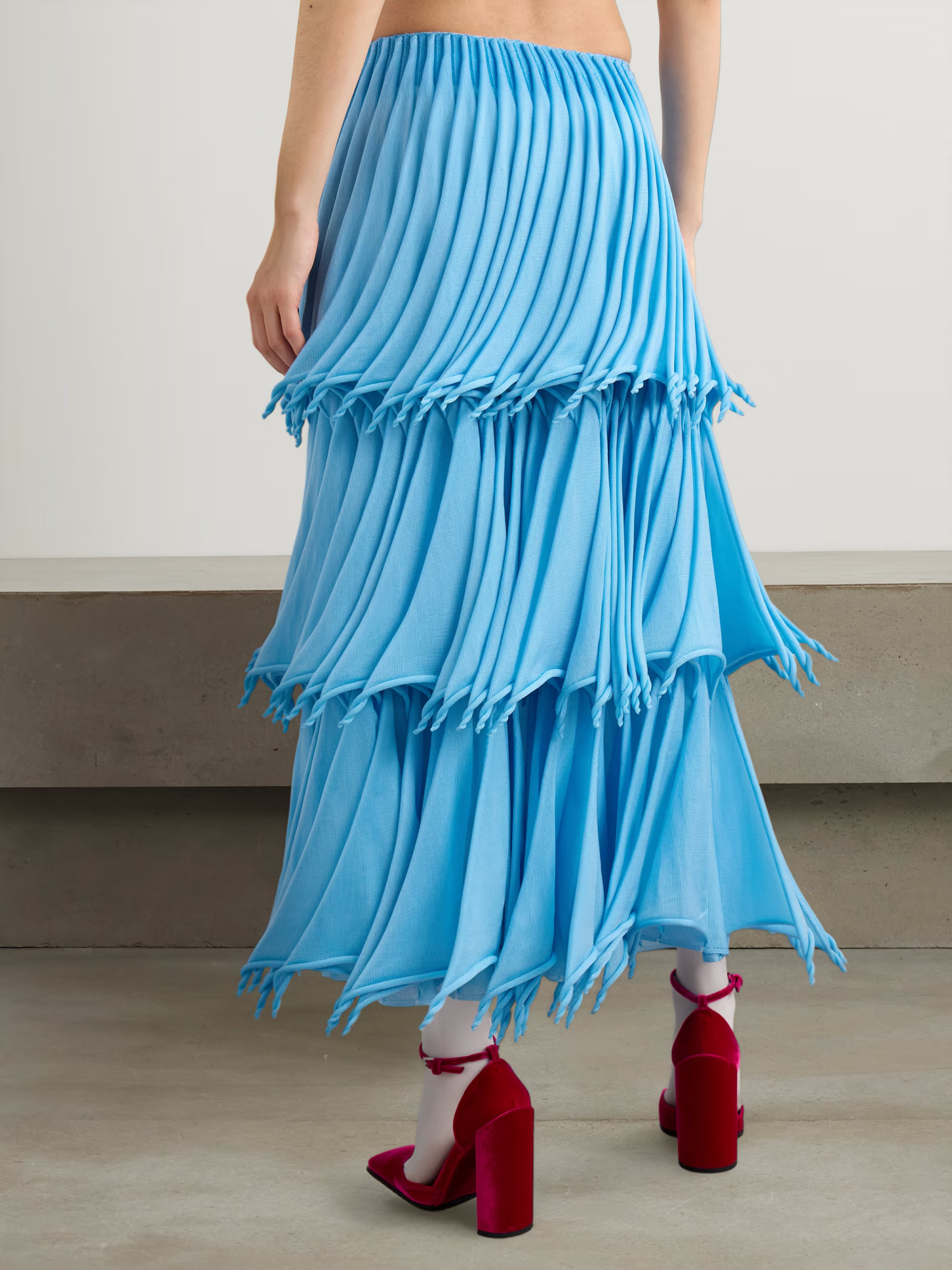Alaïa Multi-layered Pleated Knit Midi Skirt In Blue