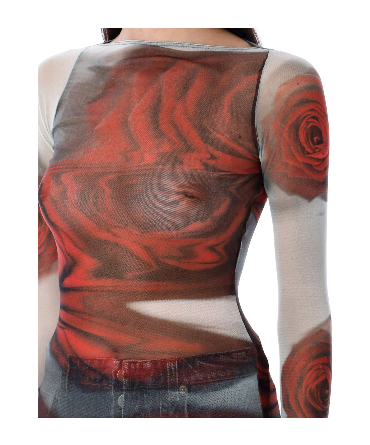 Jean Paul Gaultier Women Blurry Roses Medaillon Print Mesh Boat Neck Top In Brown