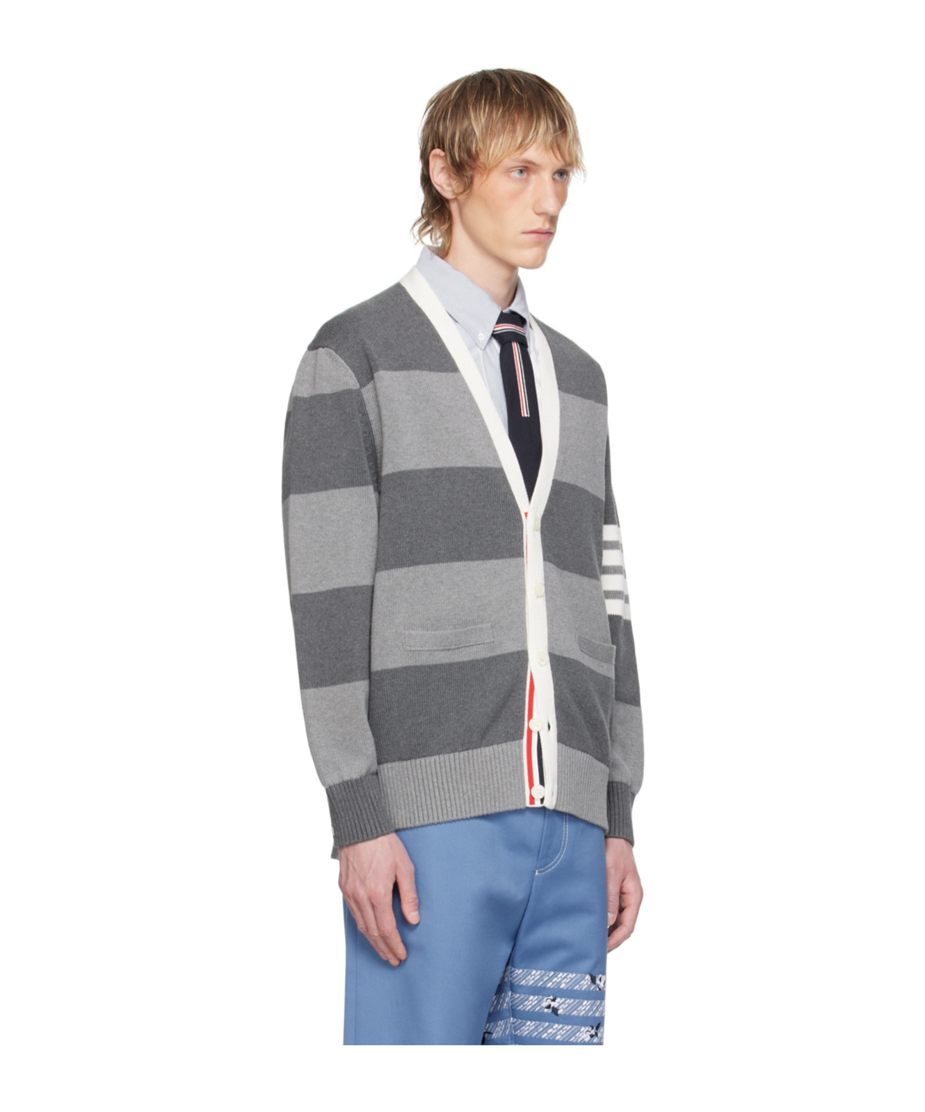 Thom Browne Patterned-intarsia Striped Cardigan In Gray