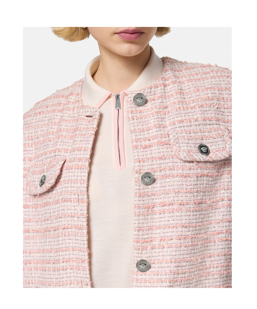 Shop Versace Frayed Tweed Waistcoat In Pink