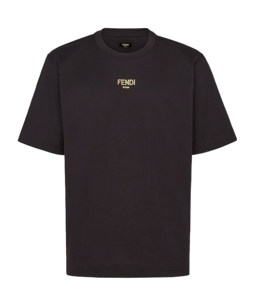 Fendi Gold Glitter Roma Lettering Cotton T-shirt In Black