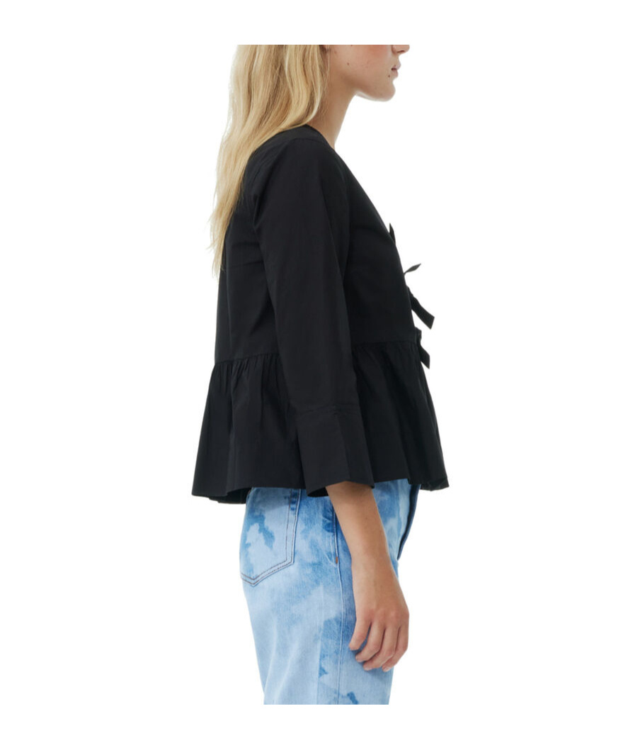 Ganni Long Sleeve Cotton Poplin Tie String Peplum Blouse In Black
