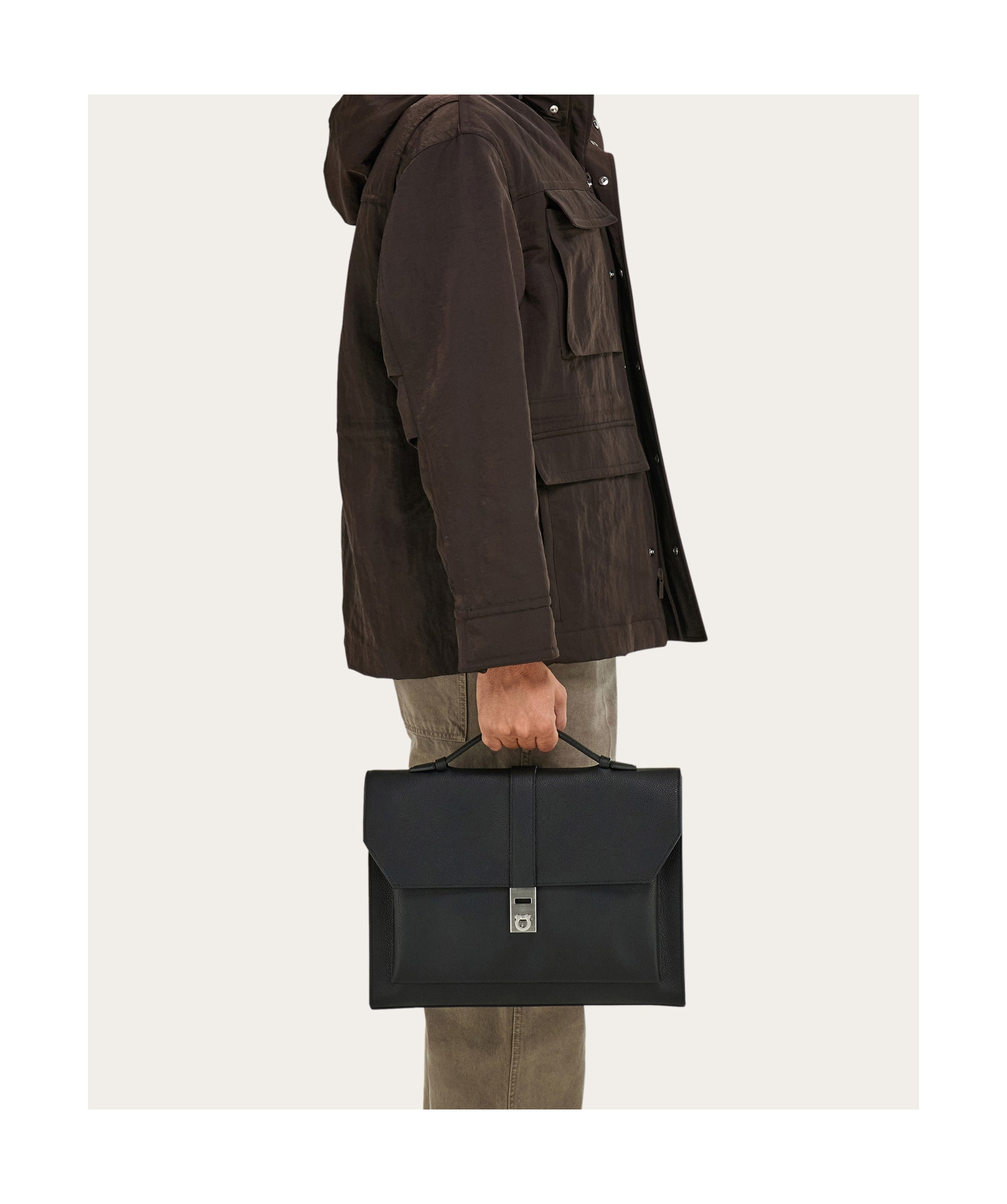 Ferragamo Clasp Textured Hug Briefcase In Black