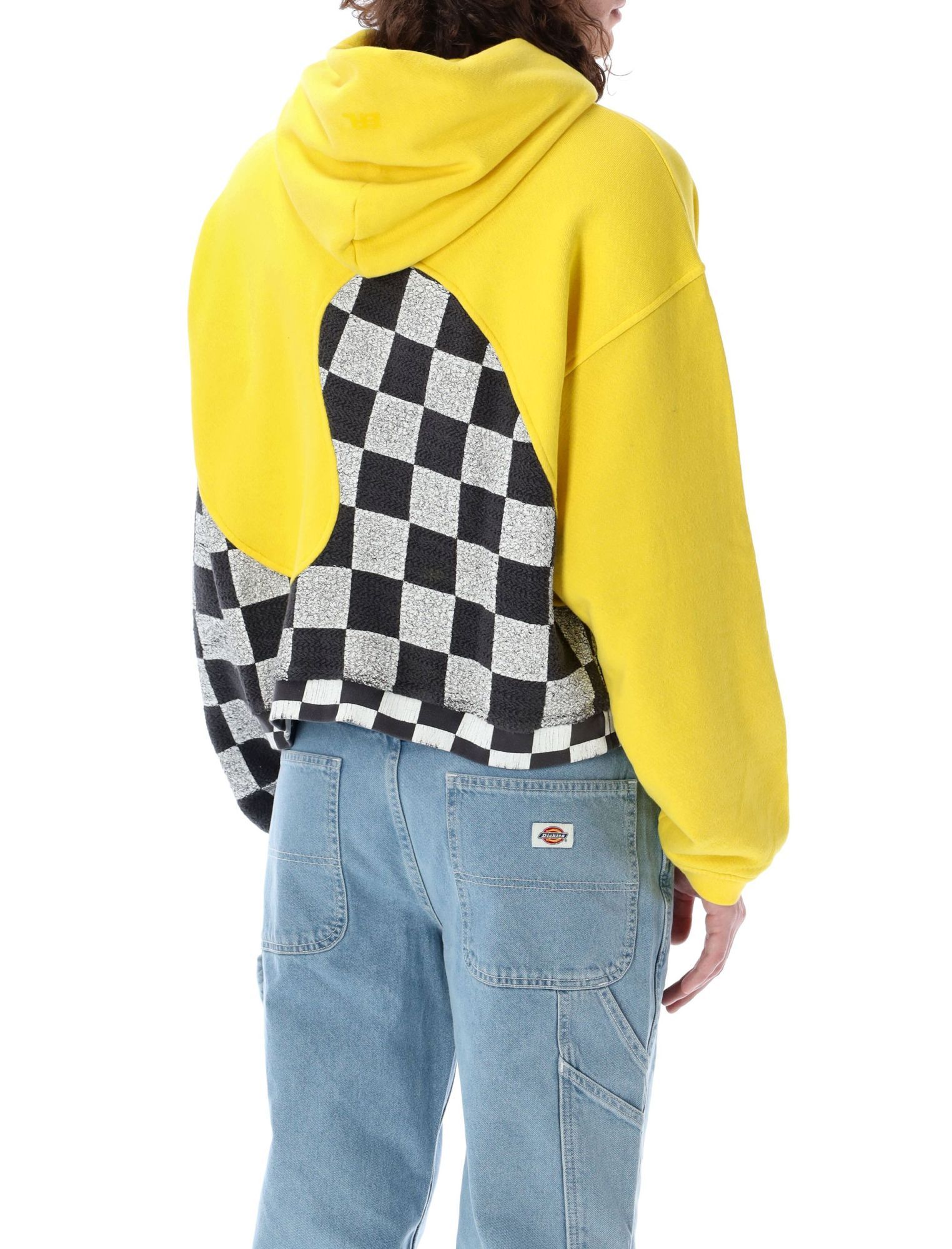 Erl Yellow Check Pattern Panelled Hoodie In Cotton Unisex In Yellow