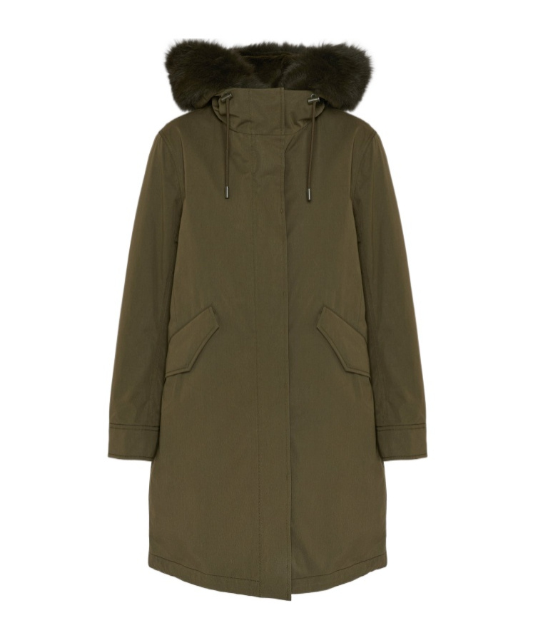 Yves Salomon Long Iconic Parka In Waterproof Cotton Blend With Fox And Rabbit Fur In Green