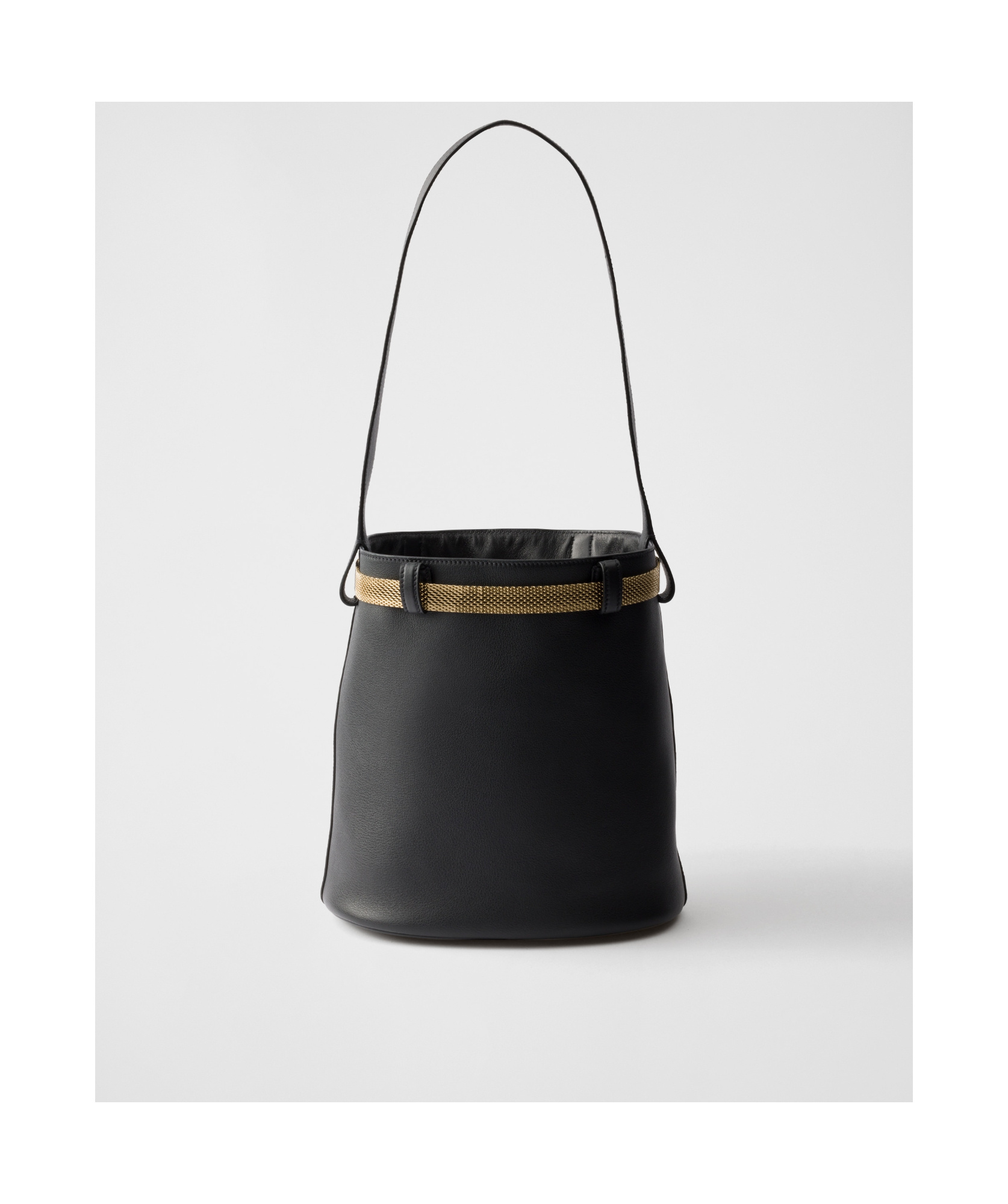 Prada Buckle Leather Bucket Bag With Jeweled Belt In Black