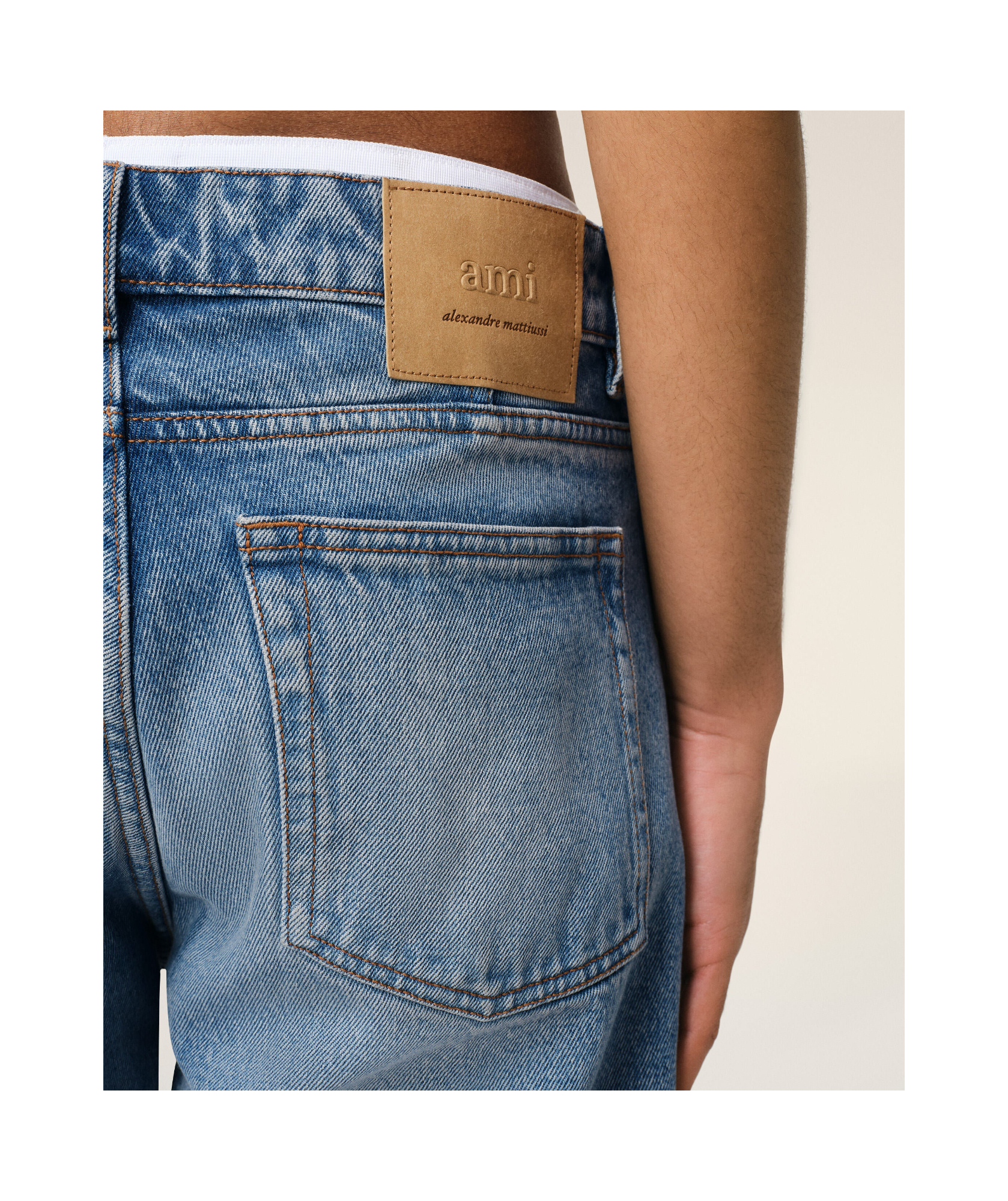 Ami Alexandre Mattiussi Ami Straight-leg Denim Jeans With Faded Blue Wash And Leather Accent
