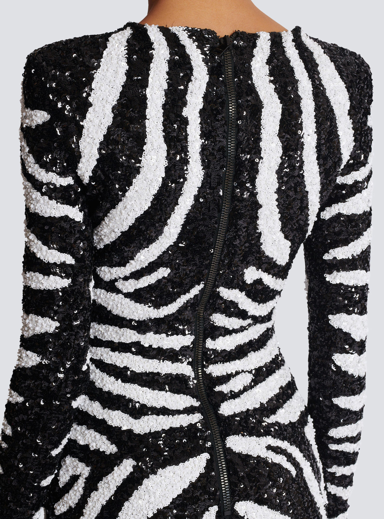 Shop Balmain Short Two-tone Zebra Sequin Dress In Black