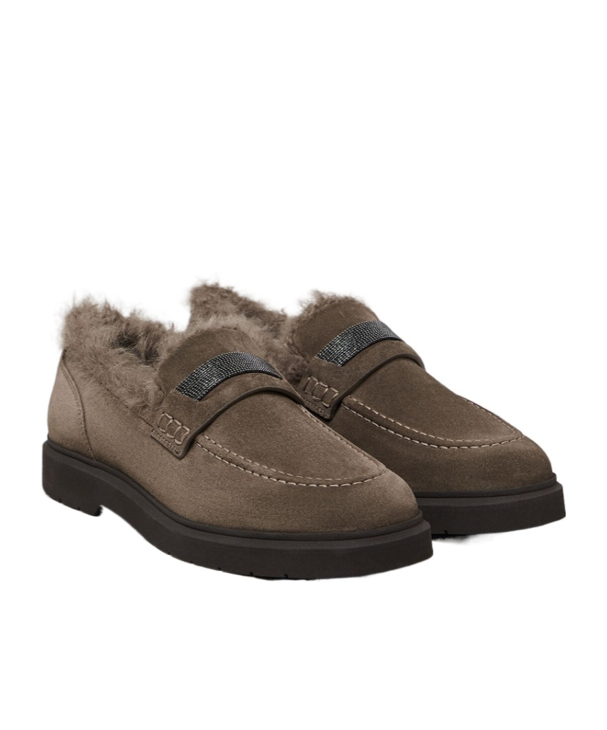 Brunello Cucinelli Shearling-lined Suede Loafers In Multicolor