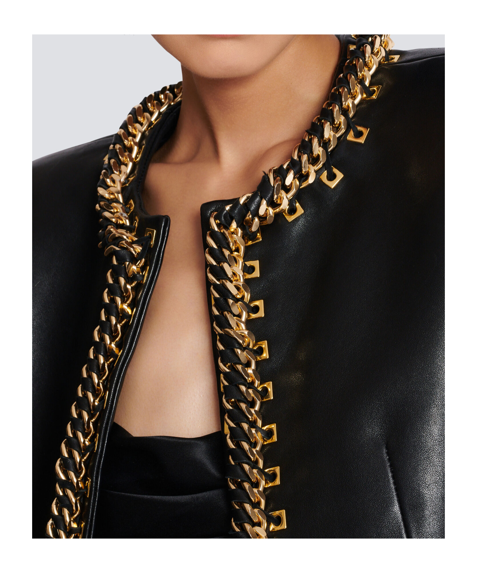 Balmain Lambskin Edge-to-edge Jacket With Chain Trim In Black