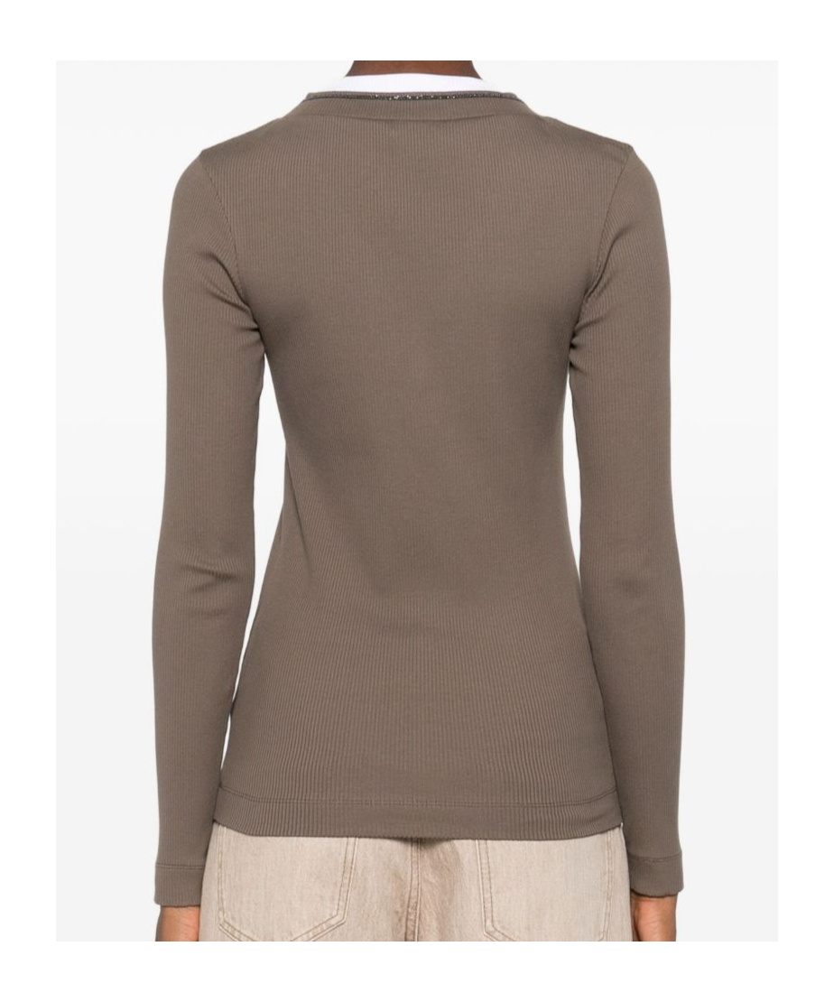 Brunello Cucinelli Ribbed V-neck Embellished T-shirt In Brown