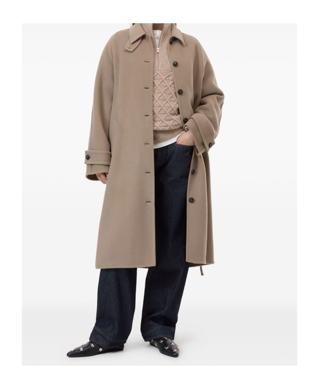 Closed Wool Belted Coat In Brown