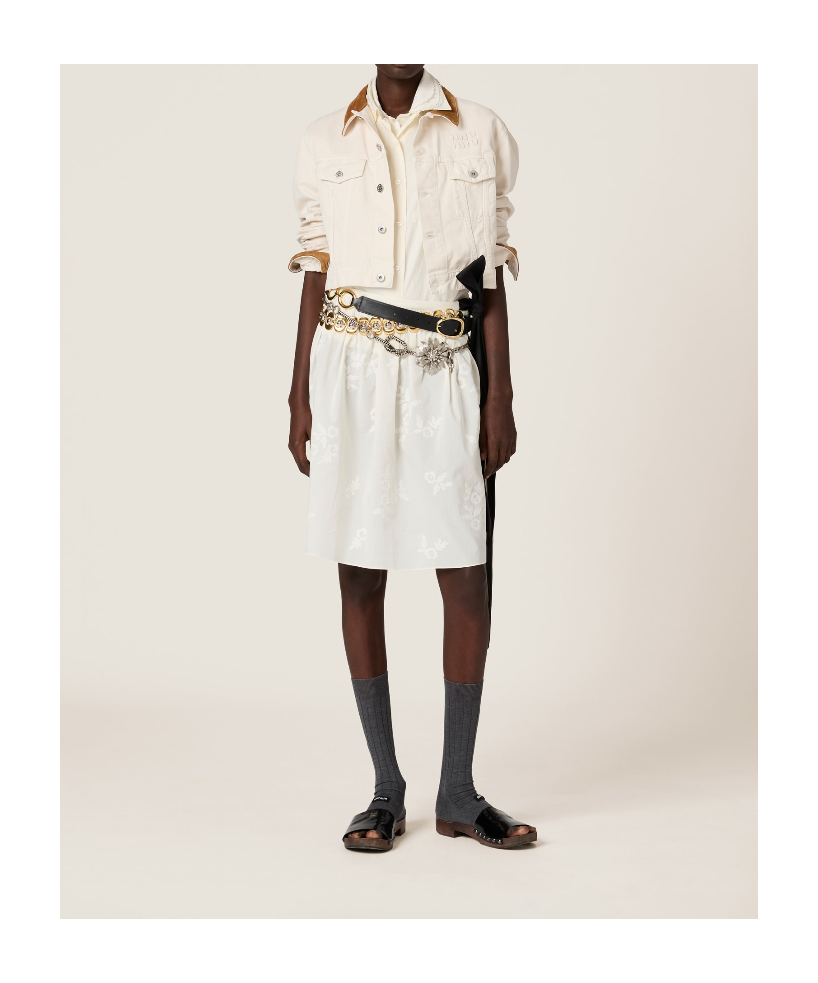 MIU MIU DENIM AND LEATHER BLOUSON JACKET