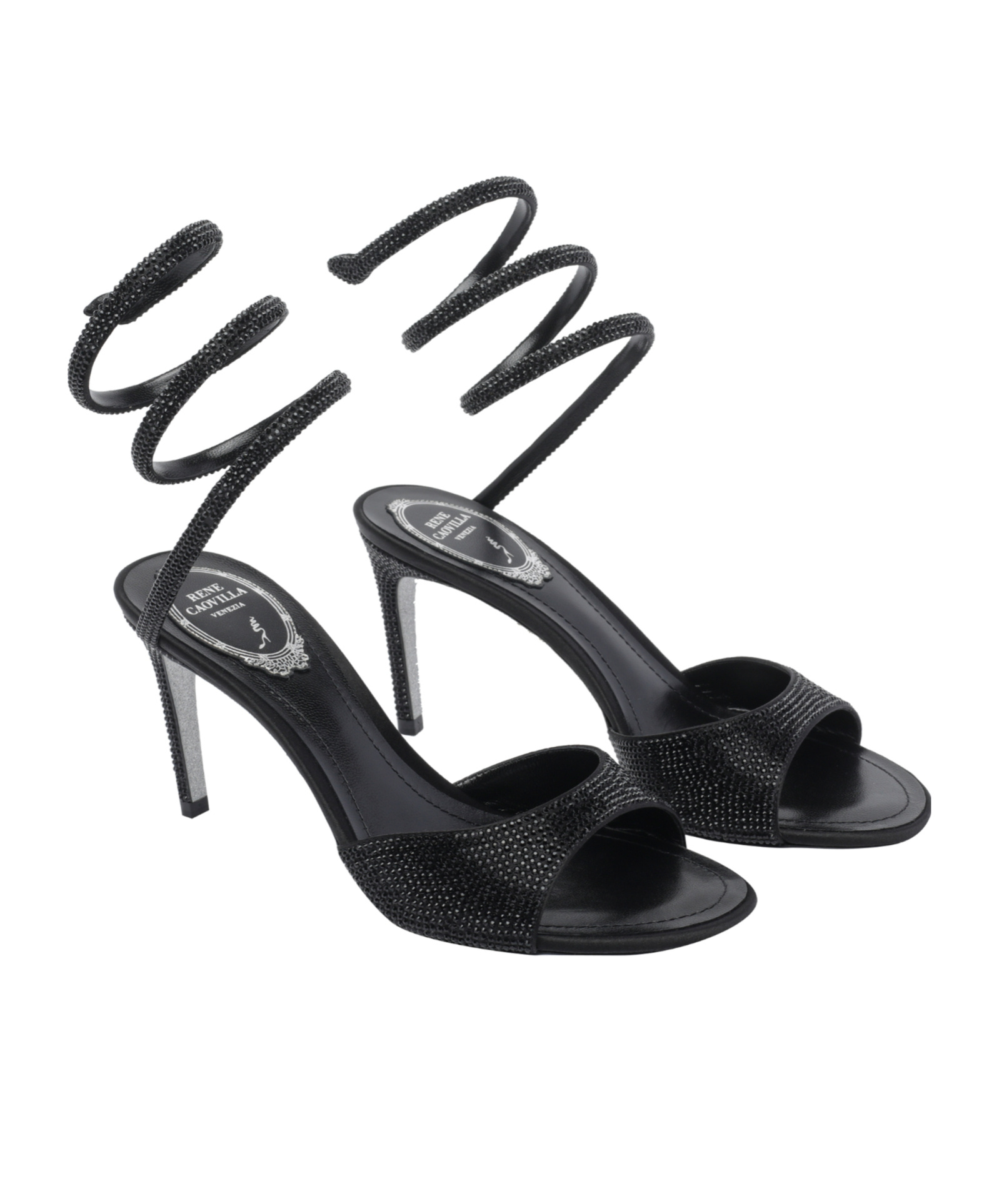 René Caovilla Crystal Embellished Heeled Open Toe Sandals In Black