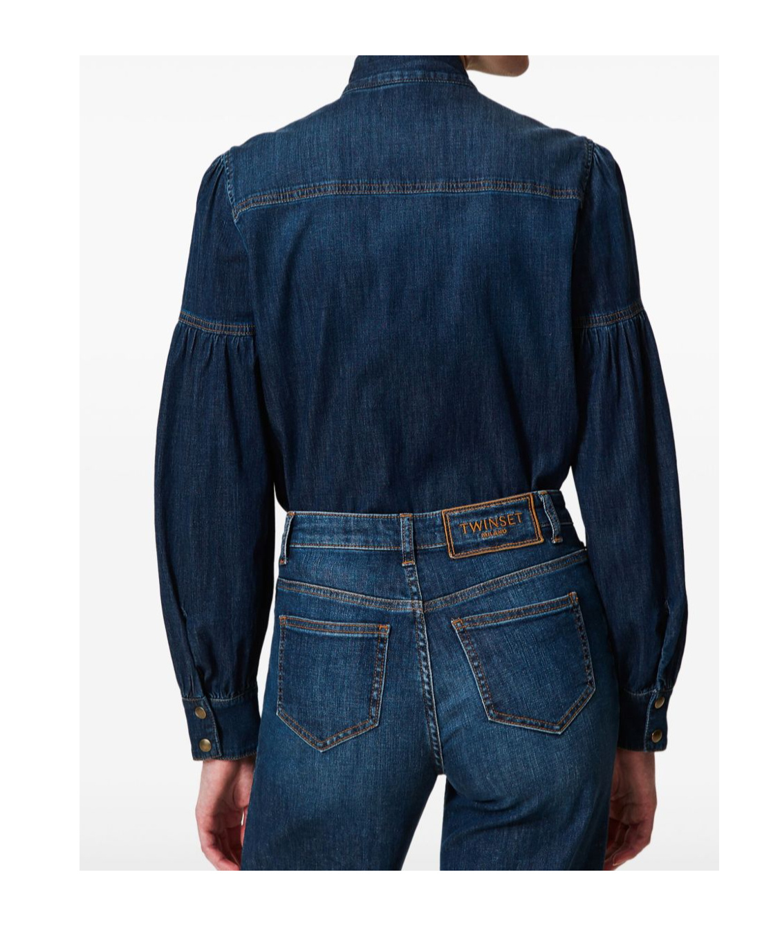 Shop Twinset Pussy-bow Denim Shirt In Black