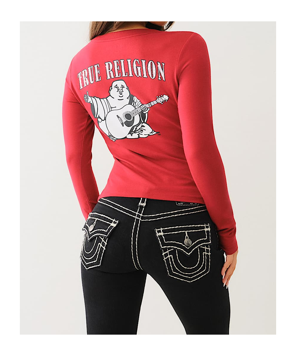 Shop True Religion Crystal Logo Long Sleeve V Neck Tee In Red Dahlia