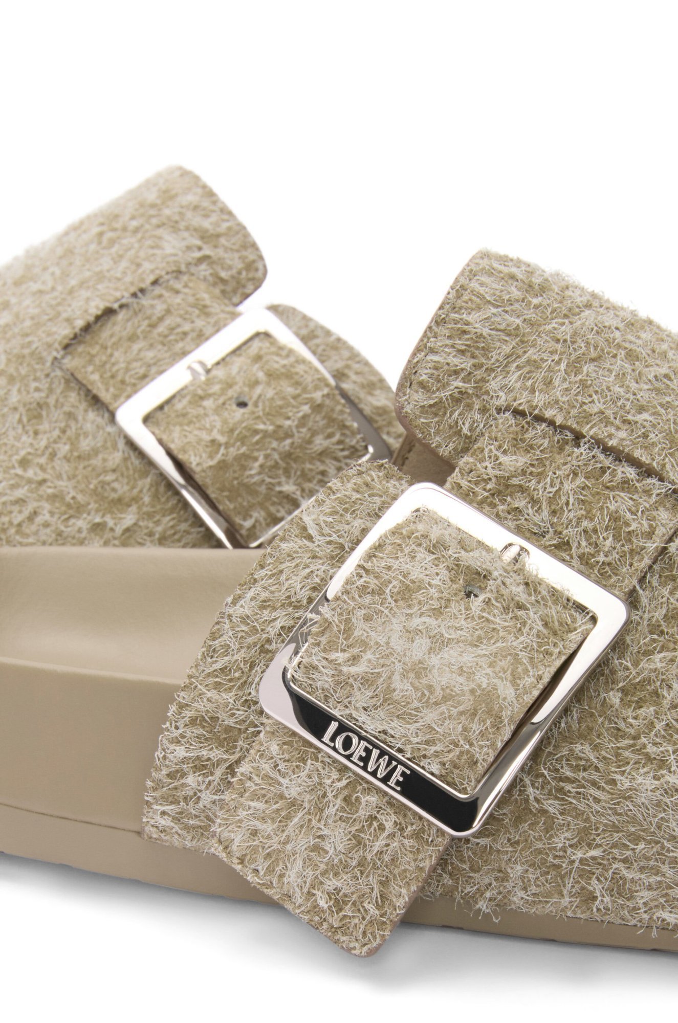 Loewe Ease Buckle Brushed Suede Mules In Green