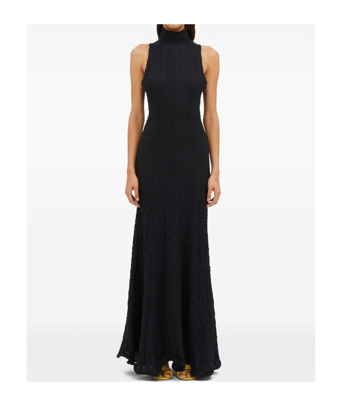 Msgm Maxi Dress With High Neck And Textured Fabric In Black