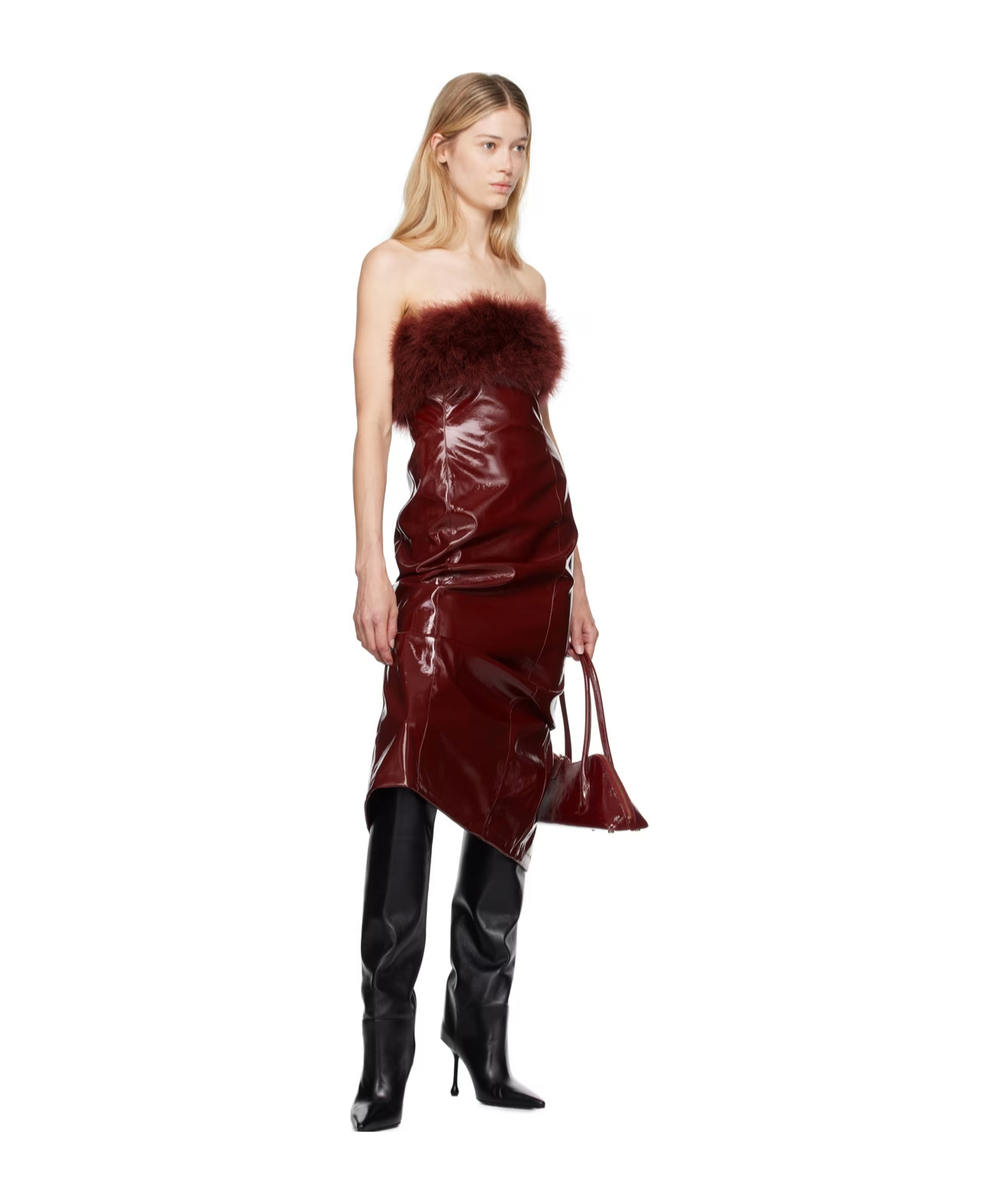 Shop Blumarine Marabou-feathers Patent Midi Dress In Brown