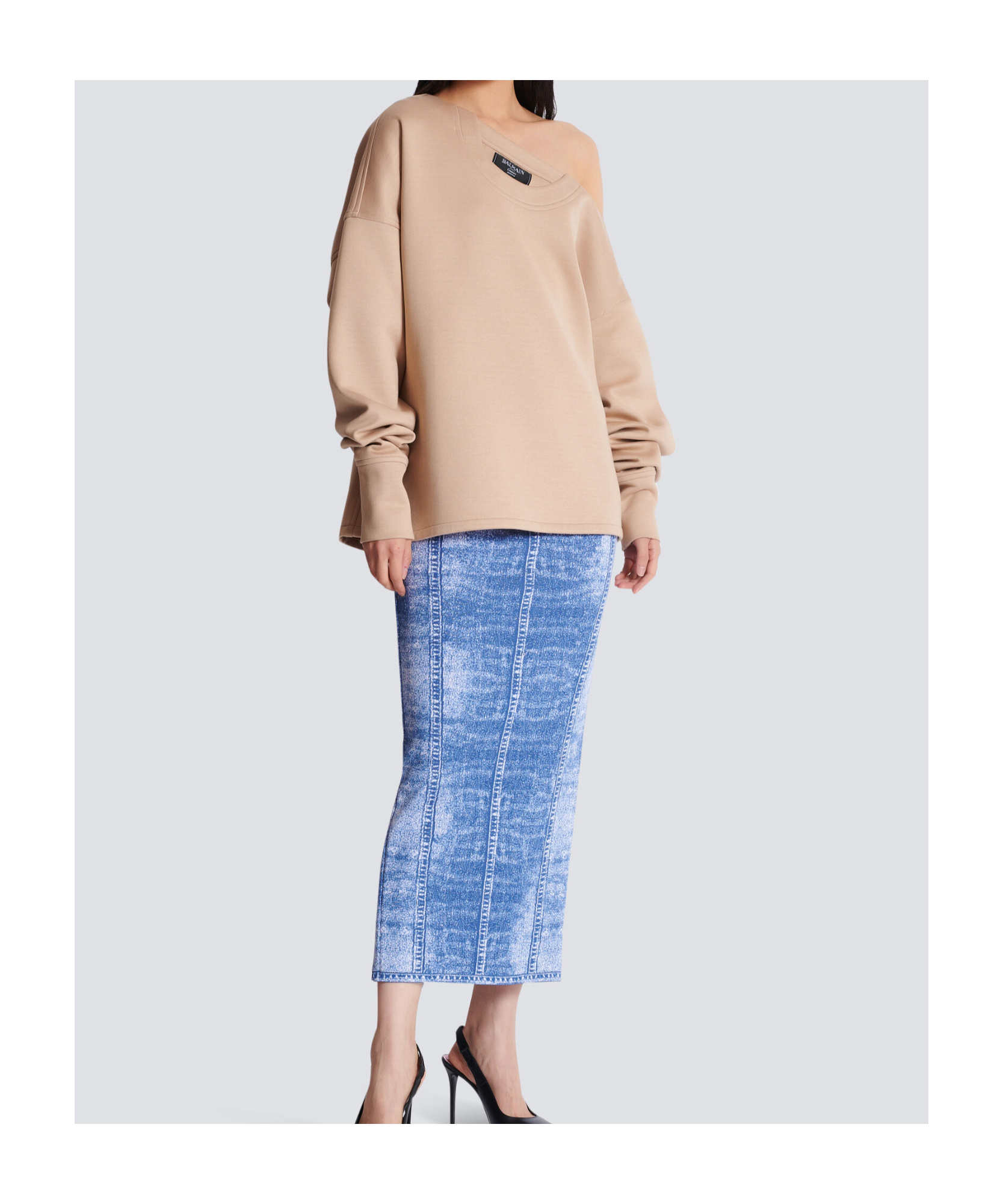 Balmain Beige Asymmetrical Jersey Off-the-shoulder Sweatshirt In Nude