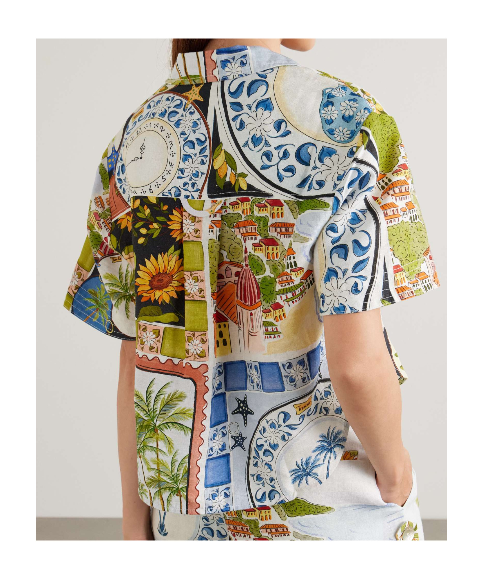 Farm Rio Latin Trip Scarves Crop Linen Button-up Shirt In Multi