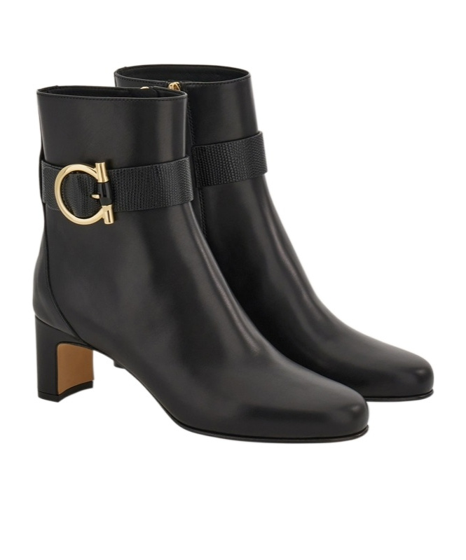 Ferragamo Gancini Ornament Mid Heel Ankle Boot In Black