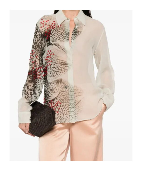 Dries Van Noten Abstract Print Beaded Collared Sheer Shirt