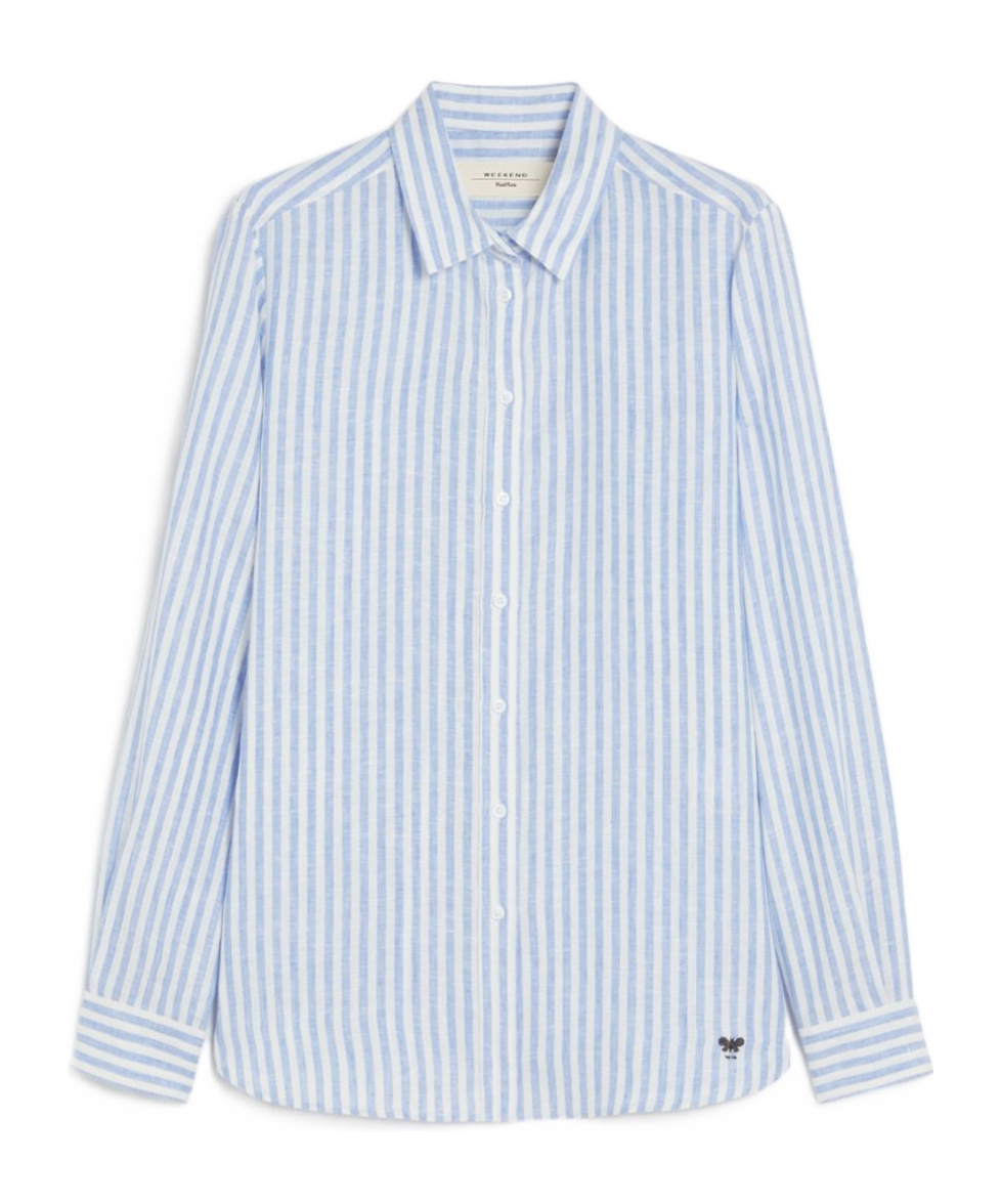 Weekend Max Mara Gestreiftes Hemd Aus Leinen In Light Blue