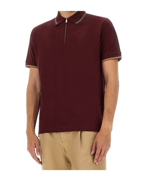 Paul Smith Signature Stripe Trim Zip Polo Shirt In Burgundy