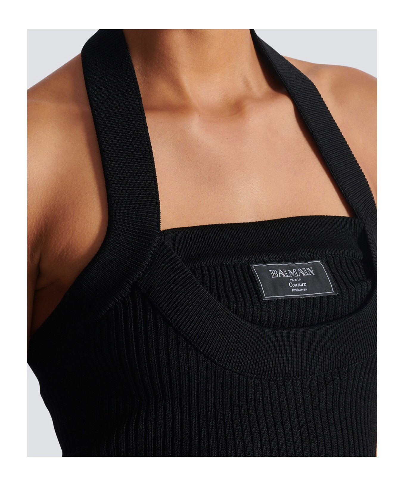 Shop Balmain Ribbed Knit Halterneck Top In Black