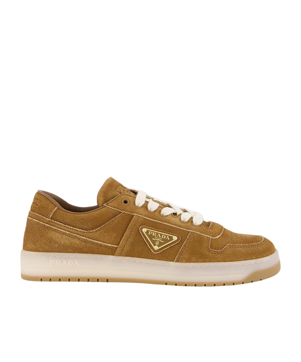Prada Downtown Sneakers In Faded Suede In Brown