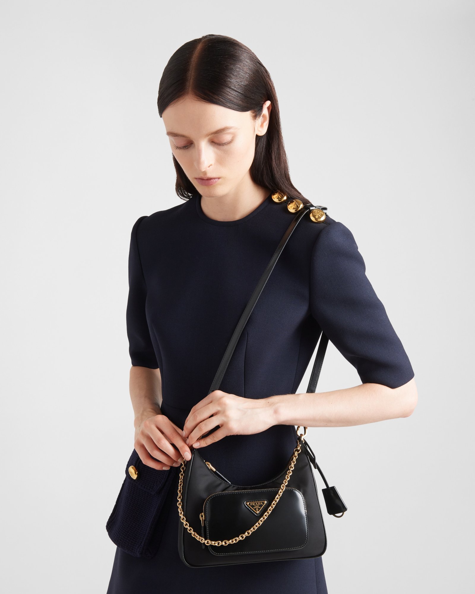 Prada Mini Re-nylon Triangle Logo Shoulder Bag In Black
