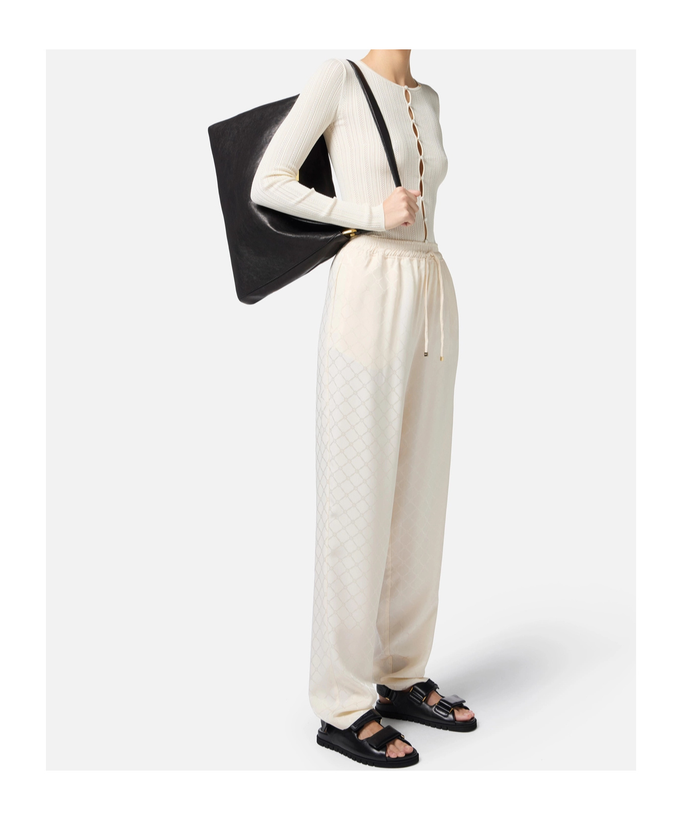 Elisabetta Franchi Jacquard Drawstring Straight Leg Trousers In White