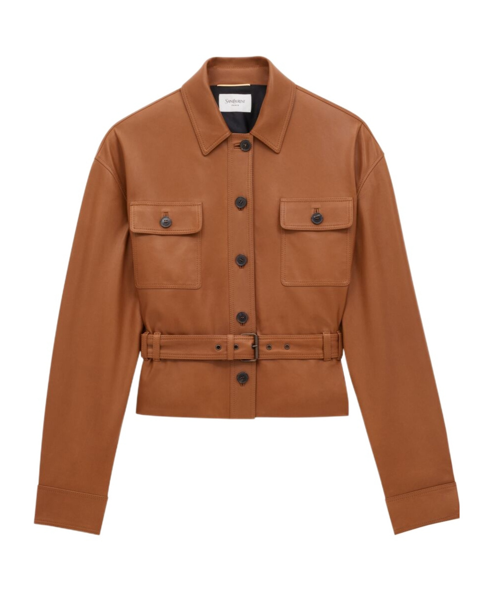 Saint Laurent Saharienne Brown Jacket With Pointed Collar And Adjustable And Removable Waist Belt In Leather Woman In Brown