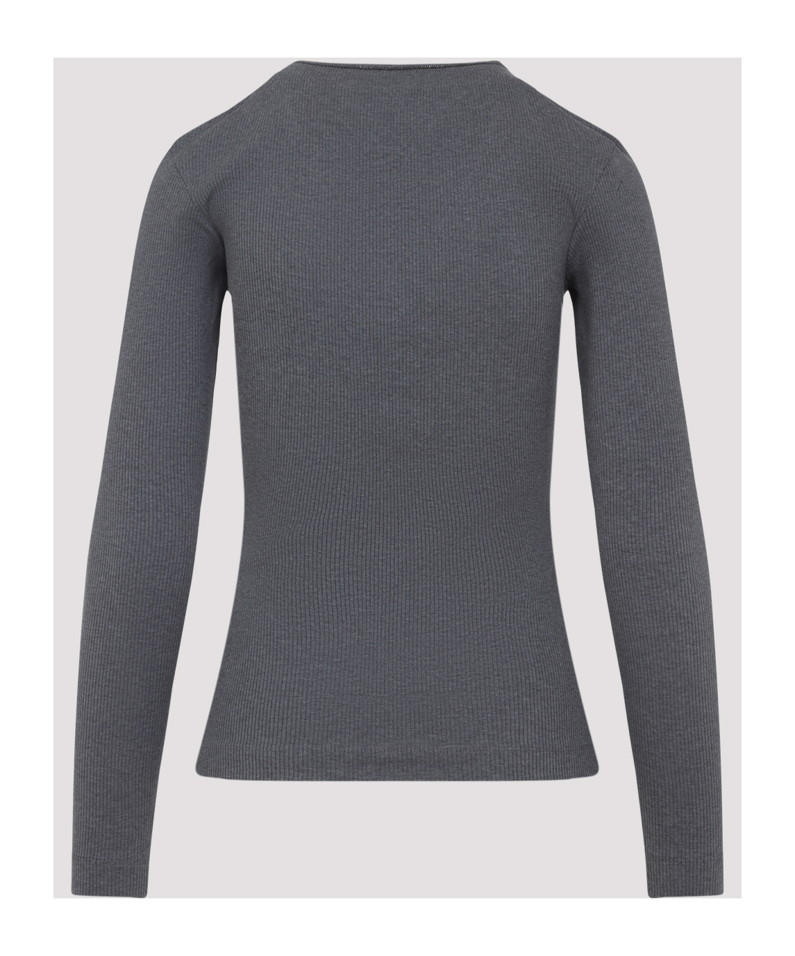 Brunello Cucinelli Ribbed Long Sleeves Top With Contrast Trim In Gray