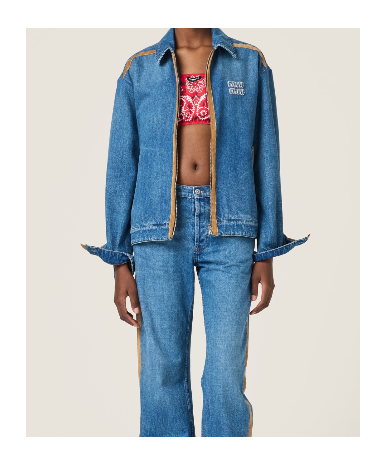 Miu Miu Denim And Leather Blouson Jacket