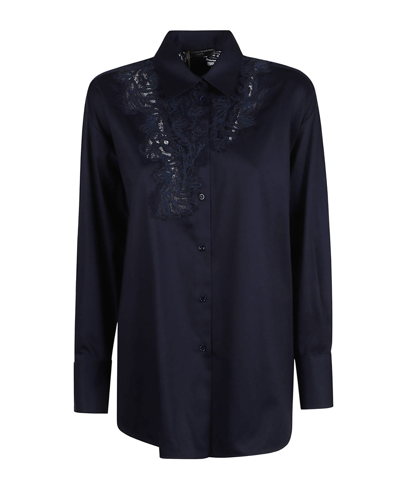 Ermanno Scervino Long Sleeve Collared Lace Detail Top In Blue