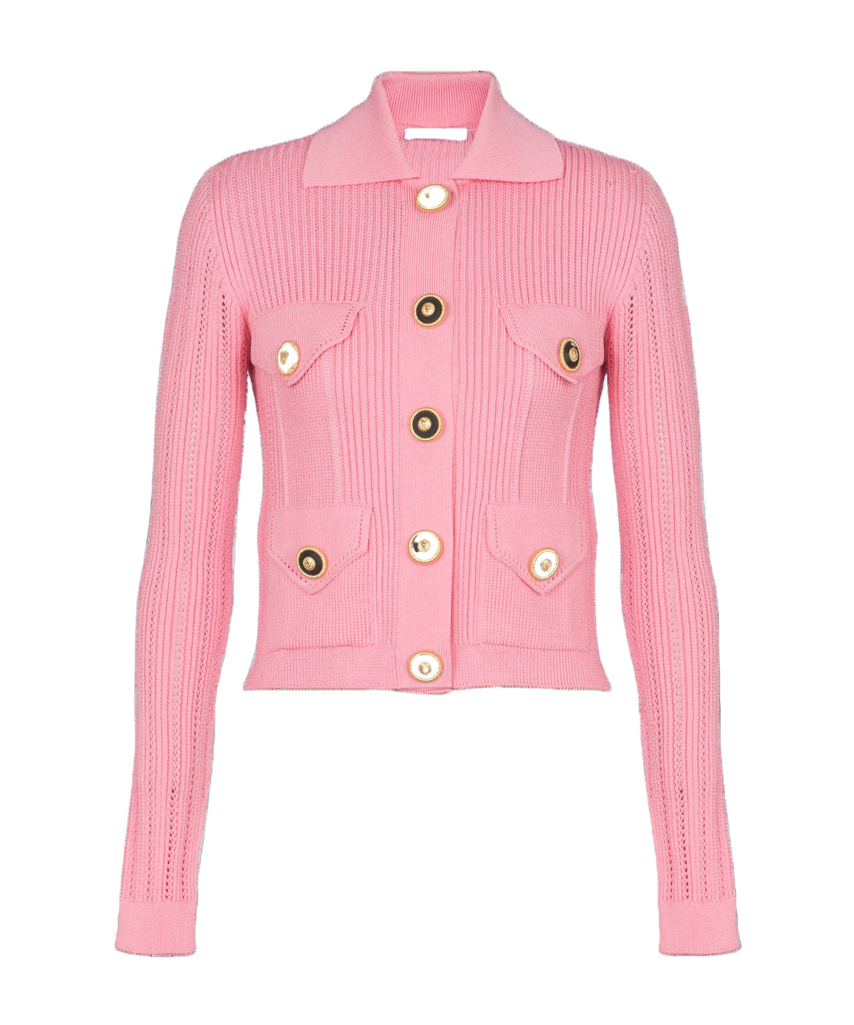 Balmain Perforated Knit Short Cardigan With Patch Pockets In Pink