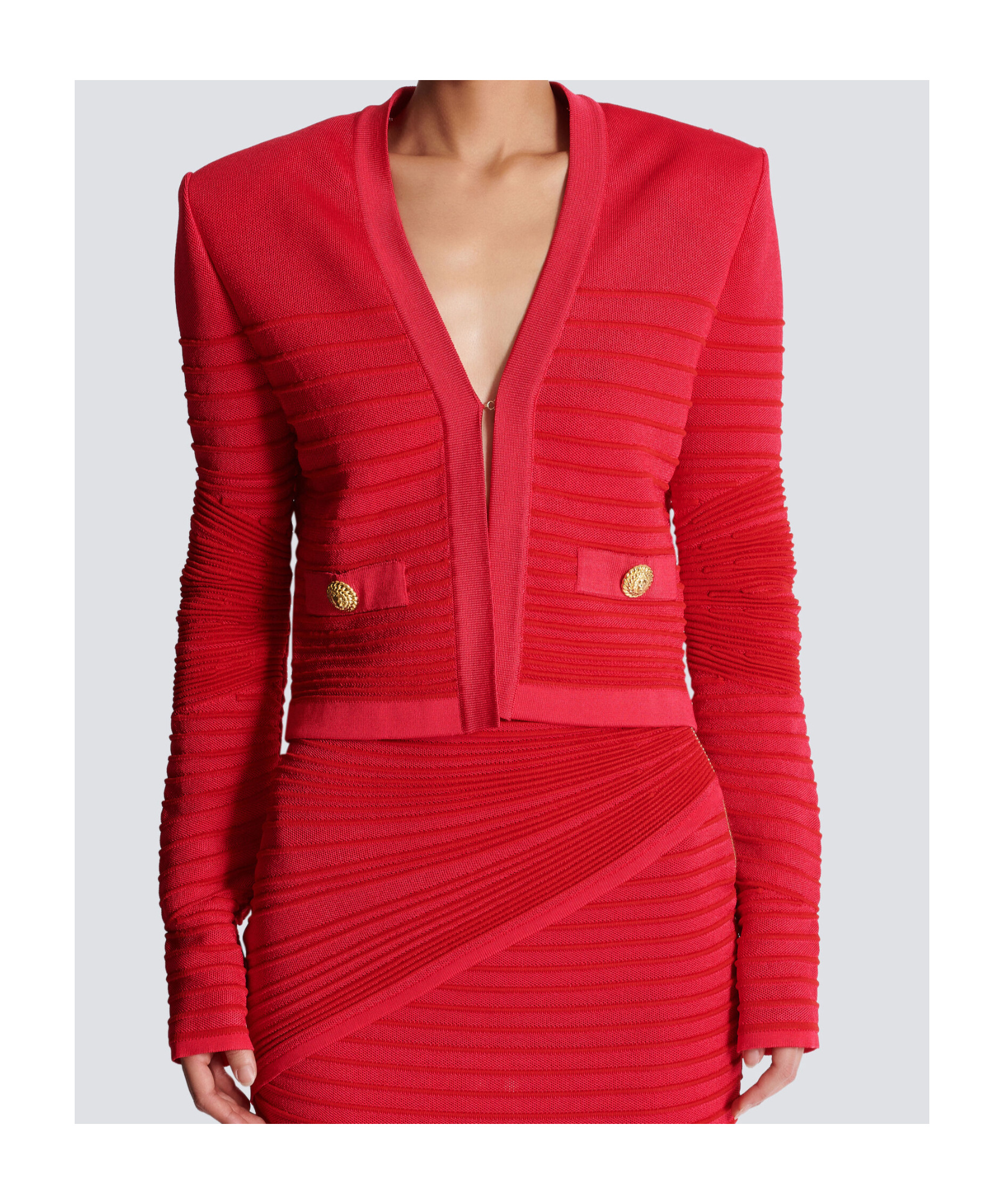 Balmain Lon Sleeves Side To Side Flechage Knit Cardigan In Red