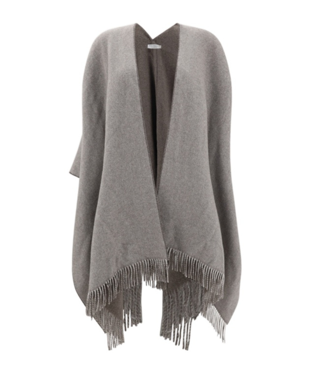 Brunello Cucinelli Herringbone-pattern Fringed Poncho In Gray
