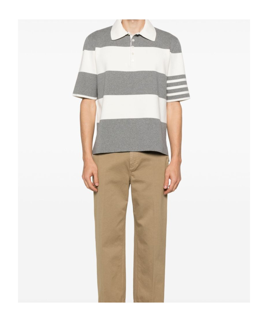 Thom Browne Short-sleeved Polo Shirt With Horizontal Stripes And Classic Collar In Gray