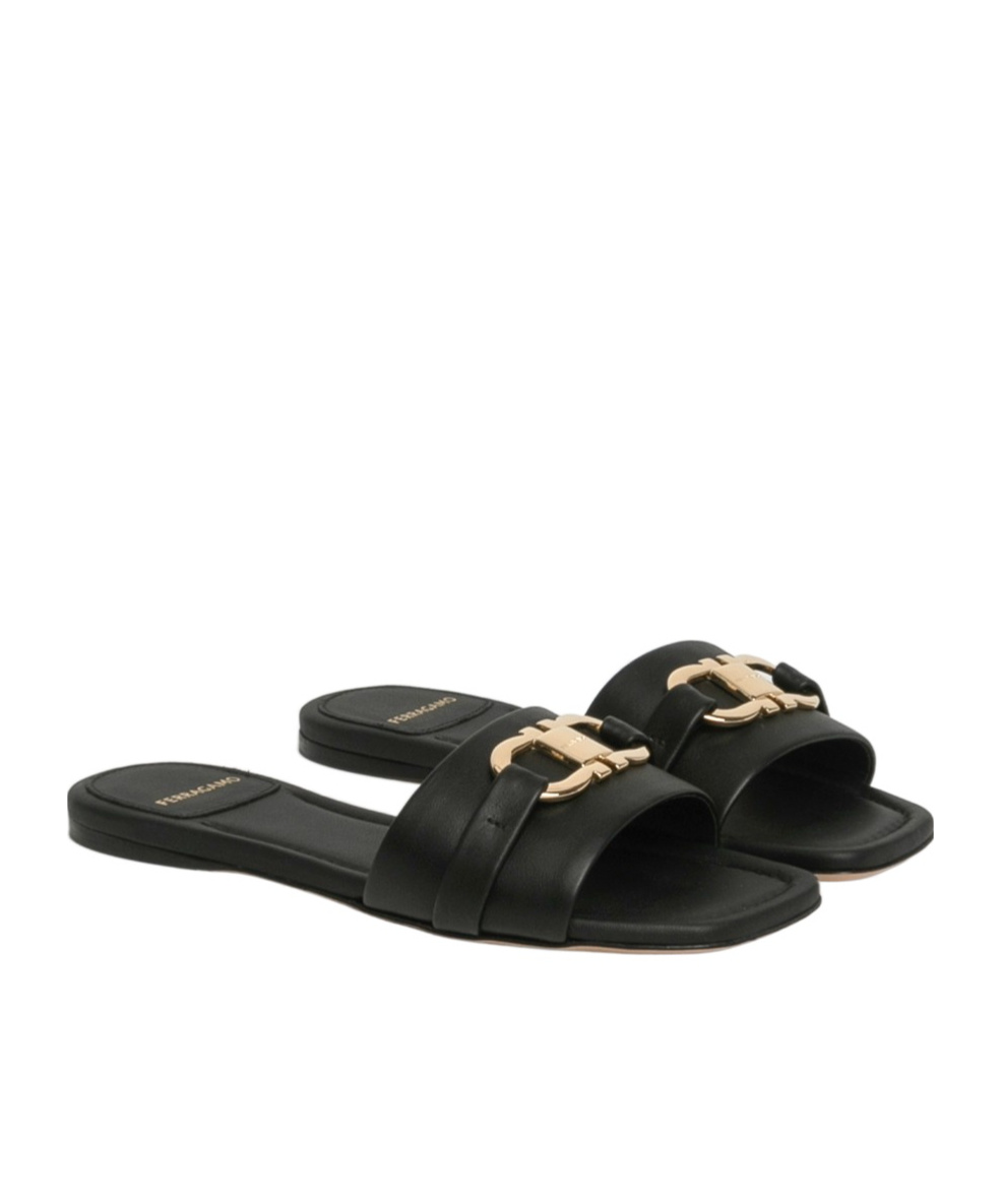 Ferragamo Leather Slides With Flat Sole And Gold-tone Hardware In Black