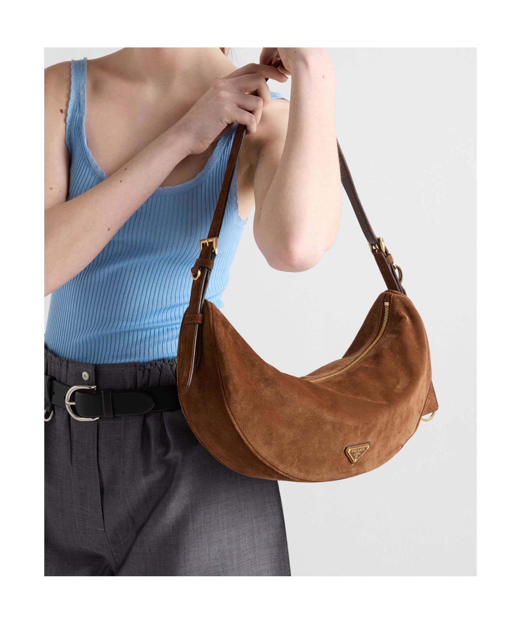 Prada Brown Suede Large Demi-lune Shoulder Bag