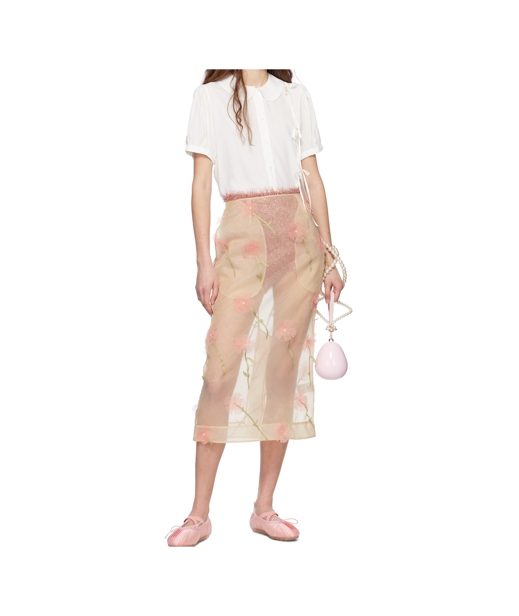 Simone Rocha White Cropped Bow Slit Puff Sleeve Shirt In Nude