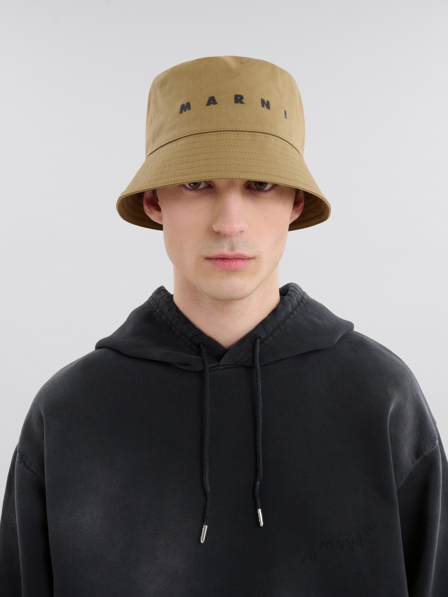 Marni Green Organic Gabardine Bucket Hat With Embroidered Logo In Brown