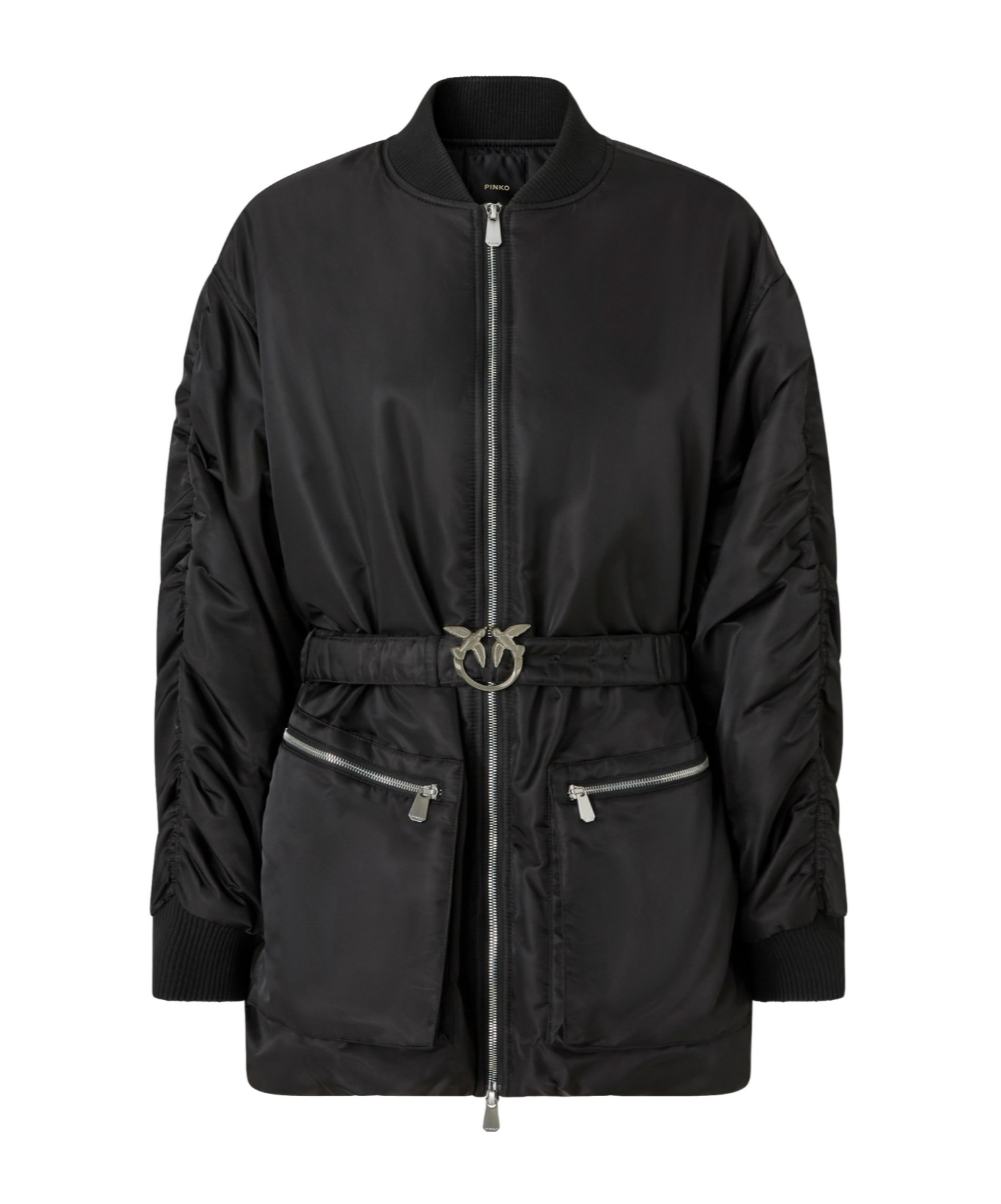 Pinko Long Technical Satin Bomber Jacket In Black