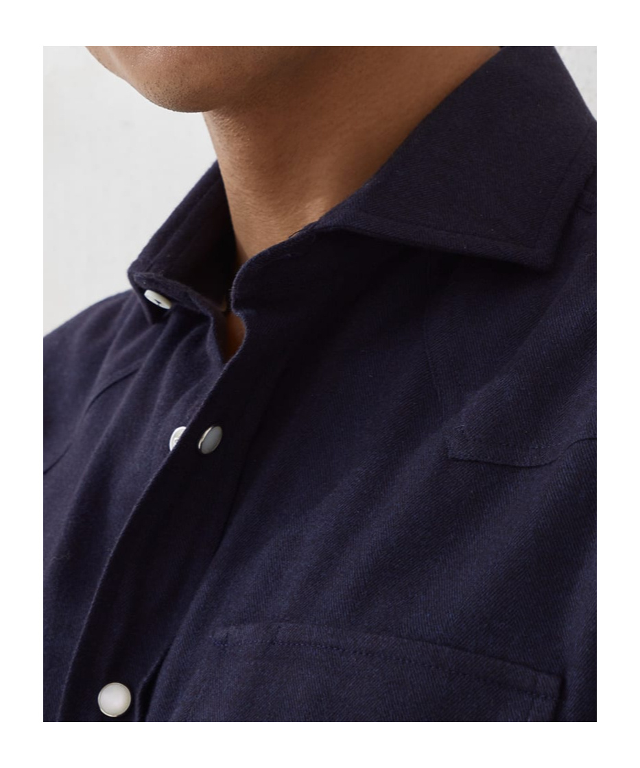 Brunello Cucinelli Stretch Cotton Chevron Flannel Easy Fit Western Shirt In Blue