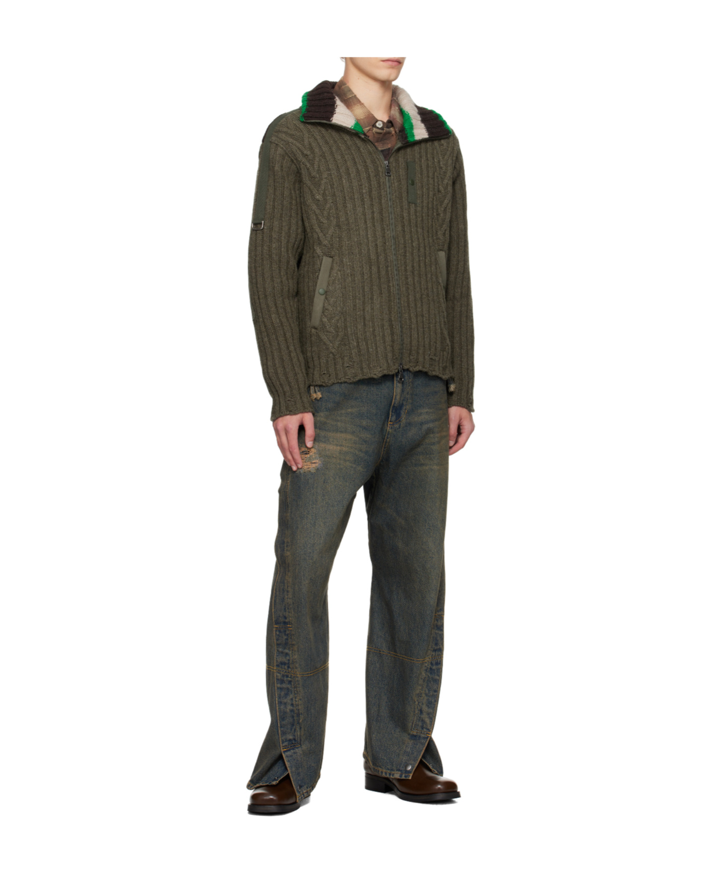 Andersson Bell Khaki Stripe High-neck Zip-up Sweater In Green